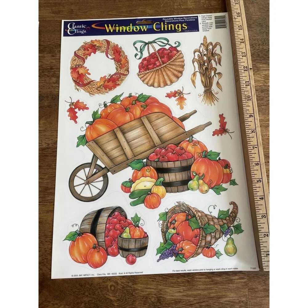 5 Vintage Vinyl Window Clings Thanksgiving And Fall Themed Pumpkins Turkey